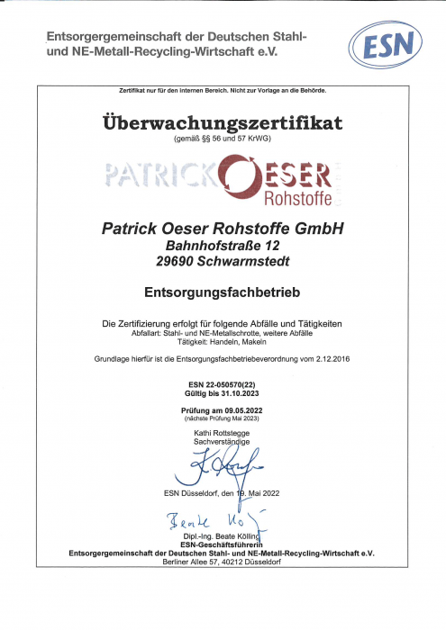 Patrick Oeser Rohstoffe GmbH - Überwachungszertikat bis 31.10.2023
