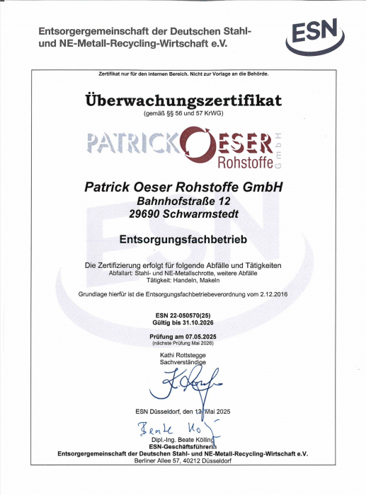 Patrick Oeser Rohstoffe GmbH - Überwachungszertikat bis 31.10.2025