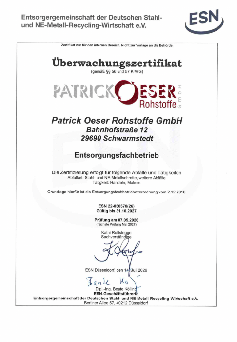 Patrick Oeser Rohstoffe GmbH - Überwachungszertikat bis 31.10.2027