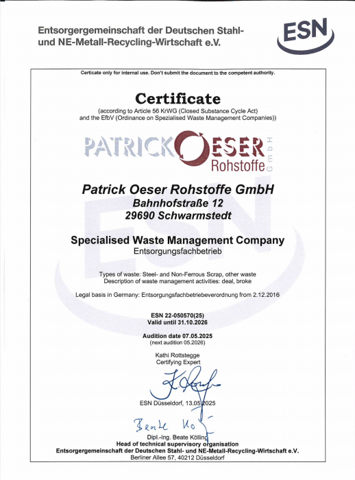 Patrick Oeser Rohstoffe GmbH - Überwachungszertikat bis 31.10.2026