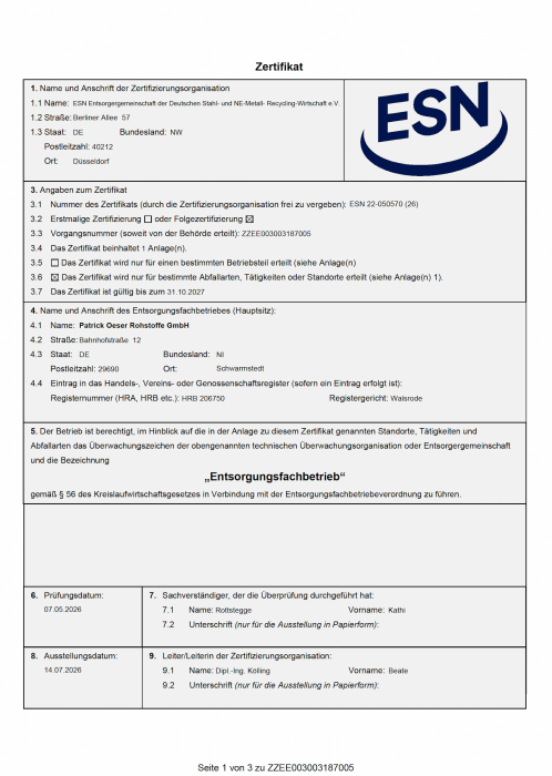 Patrick Oeser Rohstoffe GmbH - Überwachungszertikat 10 2027 Anhang